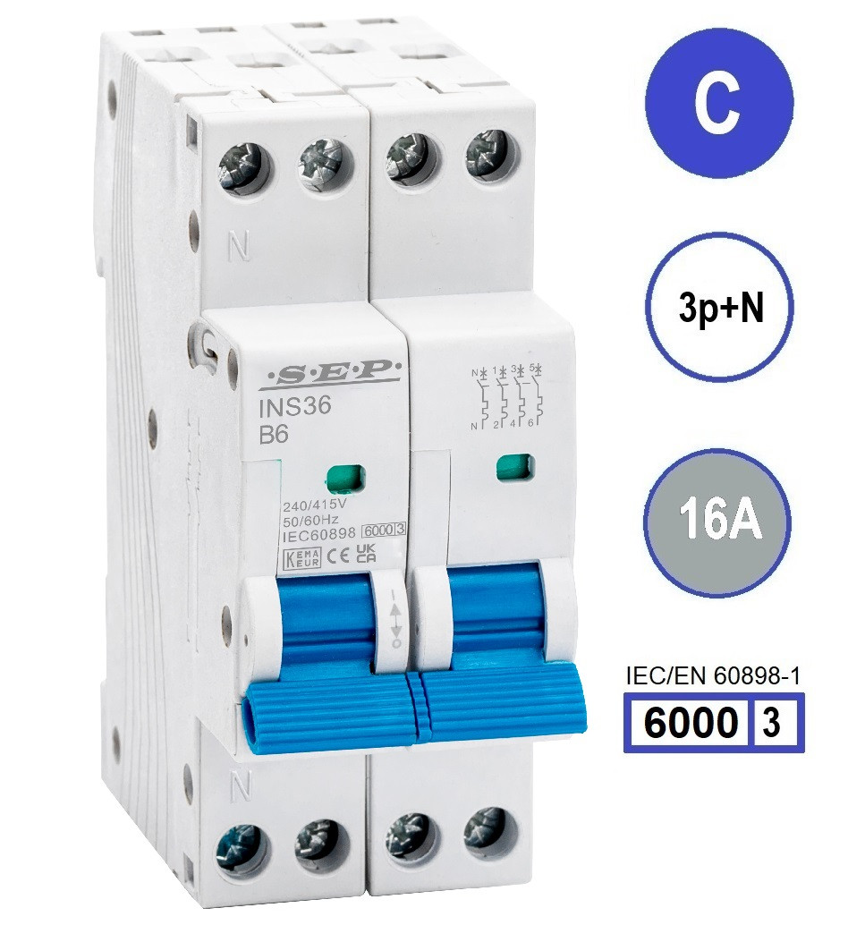 SEP INS36-3NC16, installatieautomaat 3p+n C16 6kA, 36mm, 2 modulen