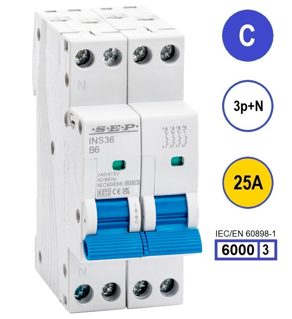 SEP INS36-3NC25, installatieautomaat 3p+n C25 6kA, 36mm, 2 modulen