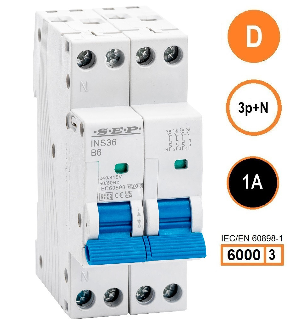 SEP INS36-3ND01, installatieautomaat 3p+n D1 6kA, 36mm, 2 modulen
