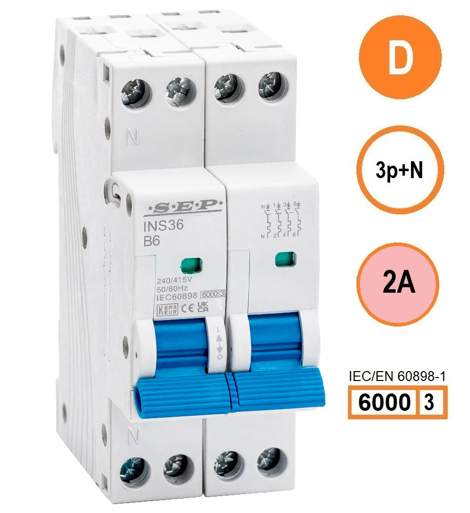 SEP INS36-3ND02, installatieautomaat 3p+n D2 6kA, 36mm, 2 modulen