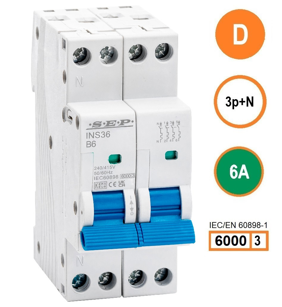 SEP INS36-3ND06, installatieautomaat 3p+n D6 6kA, 36mm, 2 modulen