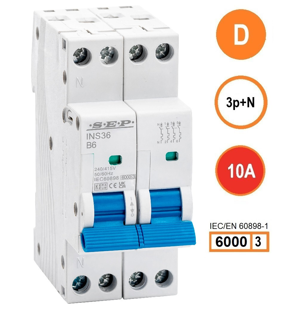 SEP INS36-3ND10, installatieautomaat 3p+n D10 6kA, 36mm, 2 modulen