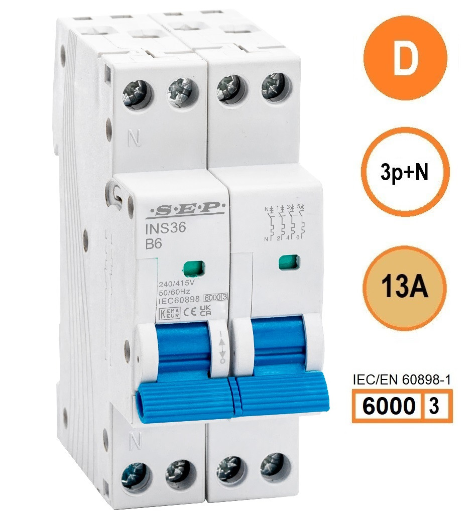 SEP INS36-3ND13, installatieautomaat 3p+n D13 6kA, 36mm, 2 modulen