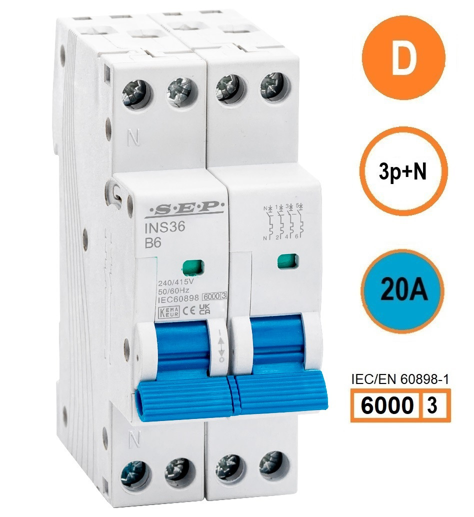 SEP INS36-3ND20, installatieautomaat 3p+n D20 6kA, 36mm, 2 modulen