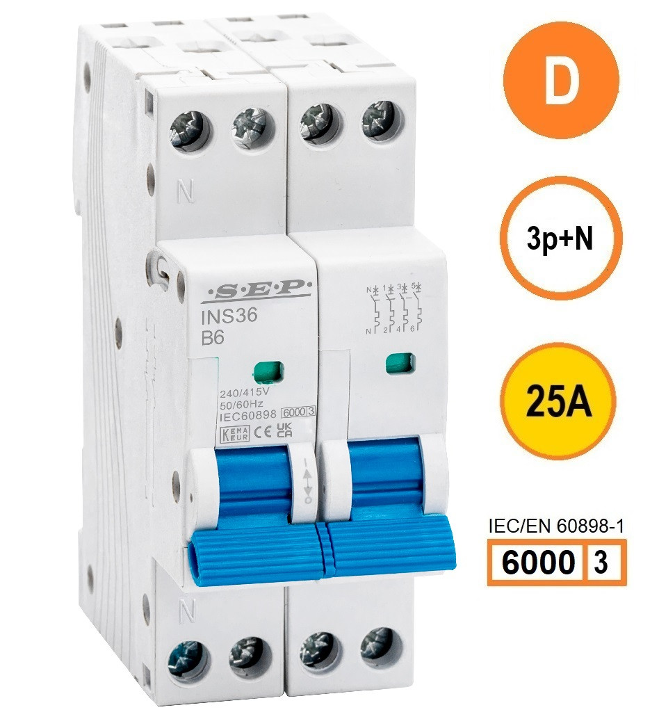 SEP INS36-3ND25, installatieautomaat 3p+n D25 6kA, 36mm, 2 modulen