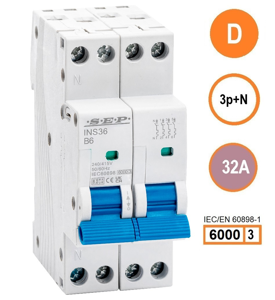 SEP INS36-3ND32, installatieautomaat 3p+n D32 6kA, 36mm, 2 modulen