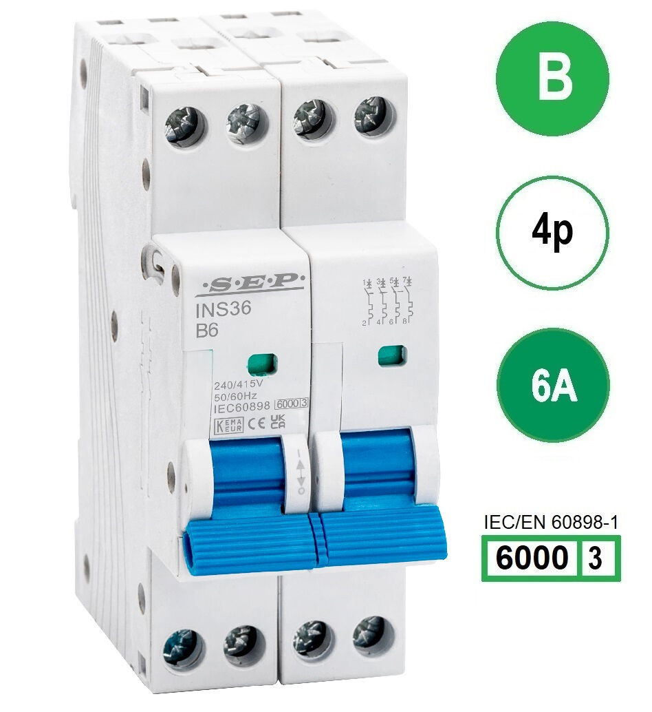 SEP INS36-4B06, installatieautomaat 4p B6 6kA, 36mm, 2 modulen