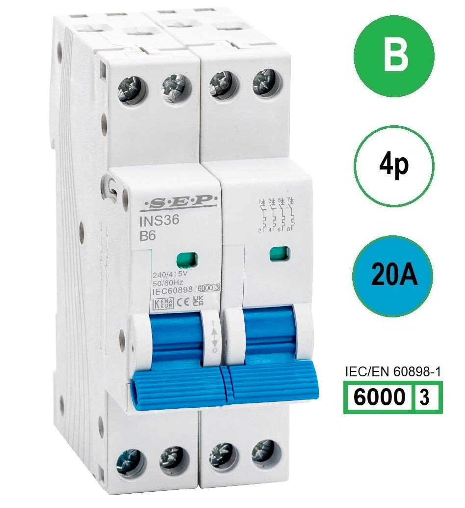 SEP INS36-4B20, installatieautomaat 4p B20 6kA, 36mm, 2 modulen