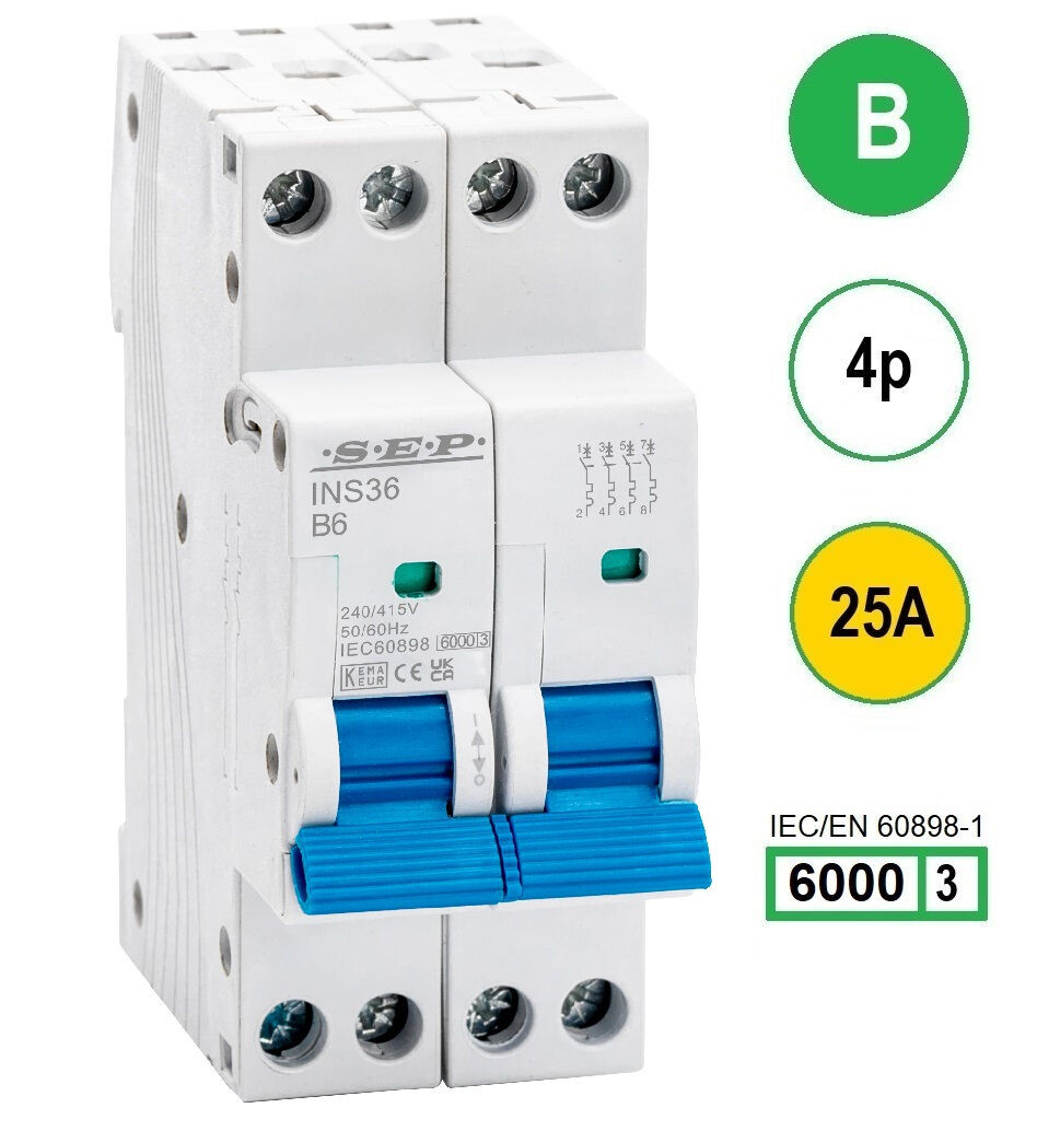 SEP INS36-4B25, installatieautomaat 4p B25 6kA, 36mm, 2 modulen
