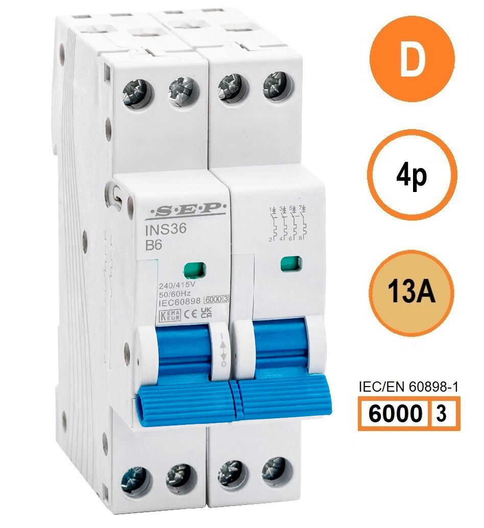 SEP INS36-4D13, installatieautomaat 4p D13 6kA, 36mm, 2 modulen