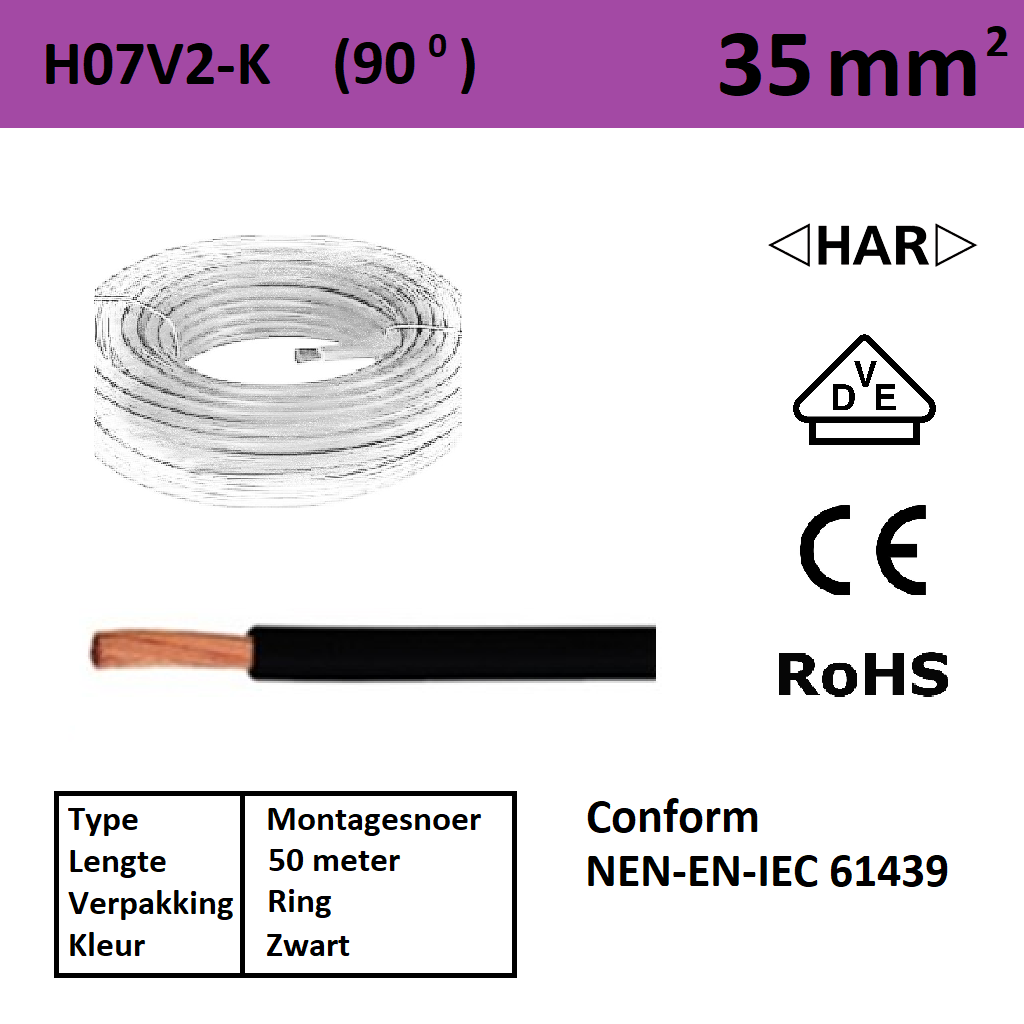 Schotman Elektro - SEP Montagesnoer 90 graden H07V2-k zwart 35mm2