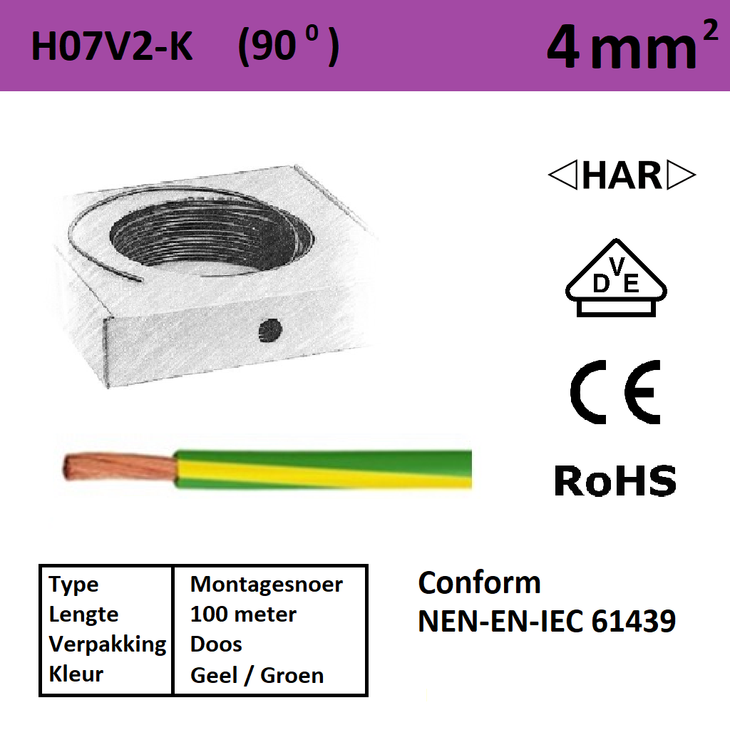 Schotman Elektro - SEP montagesnoer 90 graden H07V2-k geel groen 4mm2