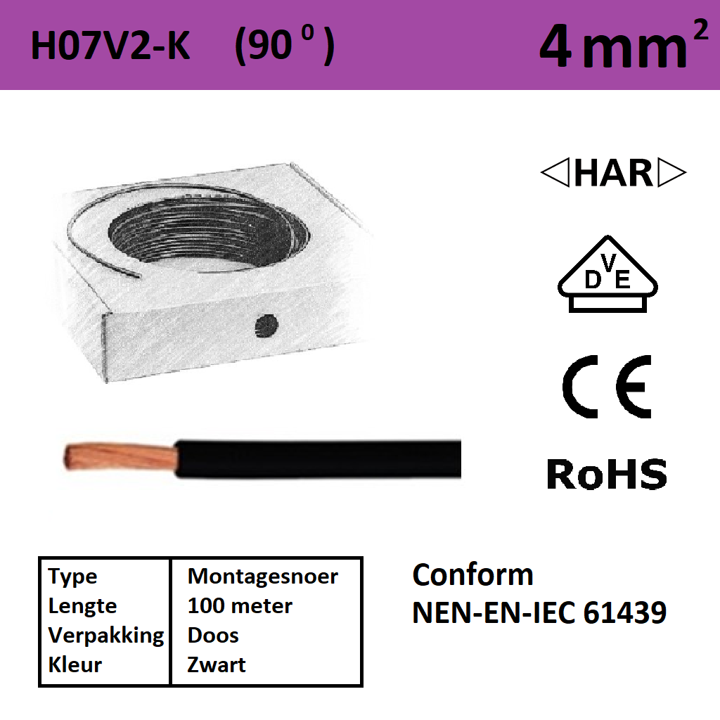 Schotman Elektro - SEP montagesnoer 90 graden H07V2-k zwart 4mm2