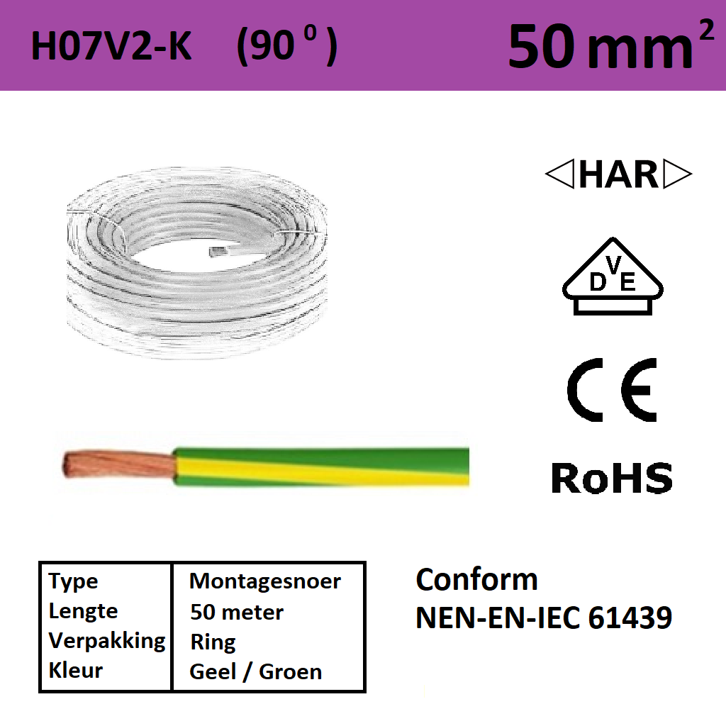 Schotman Elektro - SEP Montagesnoer 90 graden H07V2-k geel groen 50mm2