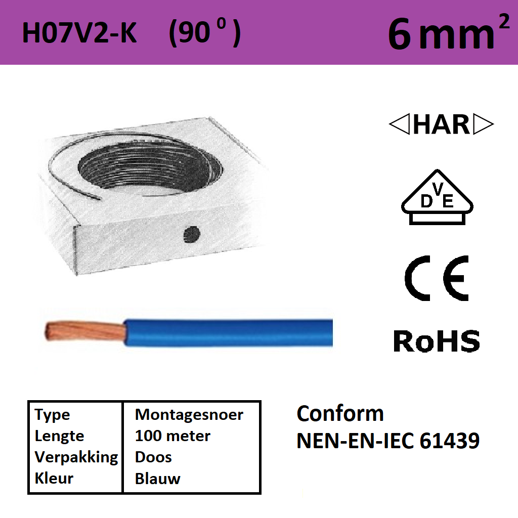 Schotman Elektro - SEP montagesnoer 90 graden H07V2-k blauw 6mm2