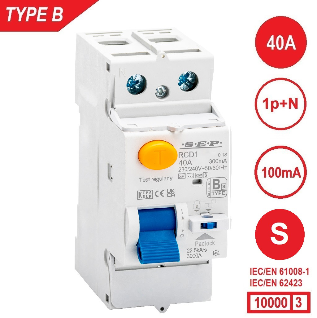 SEP RCD1-2B-04010S, aardlekschakelaar 2p, Type B[S], 10kA, 40A, 100mA