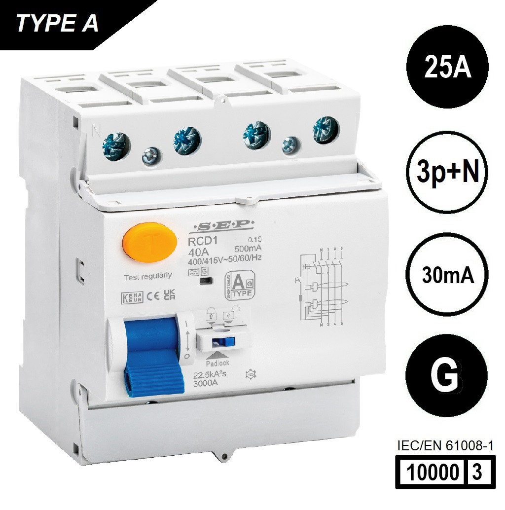 SEP RCD1-4A-02503G, aardlekschakelaar 4p, Type A[G], 10kA, 25A, 30mA