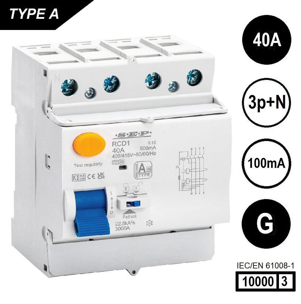 SEP RCD1-4A-04010G, aardlekschakelaar 4p, Type A[G], 10kA, 40A, 100mA