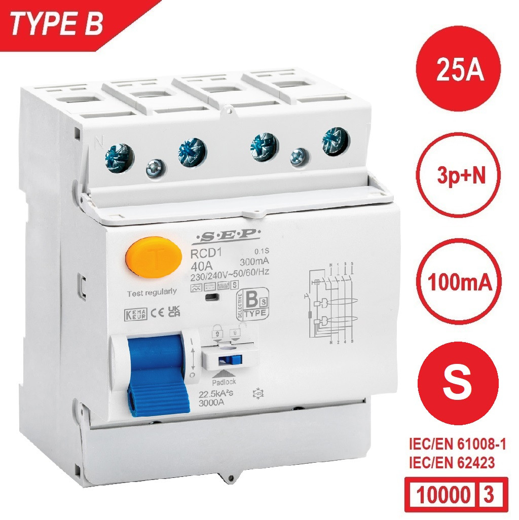 SEP RCD1-4B-02510S, aardlekschakelaar 4p, Type B[S], 10kA, 25A, 100mA