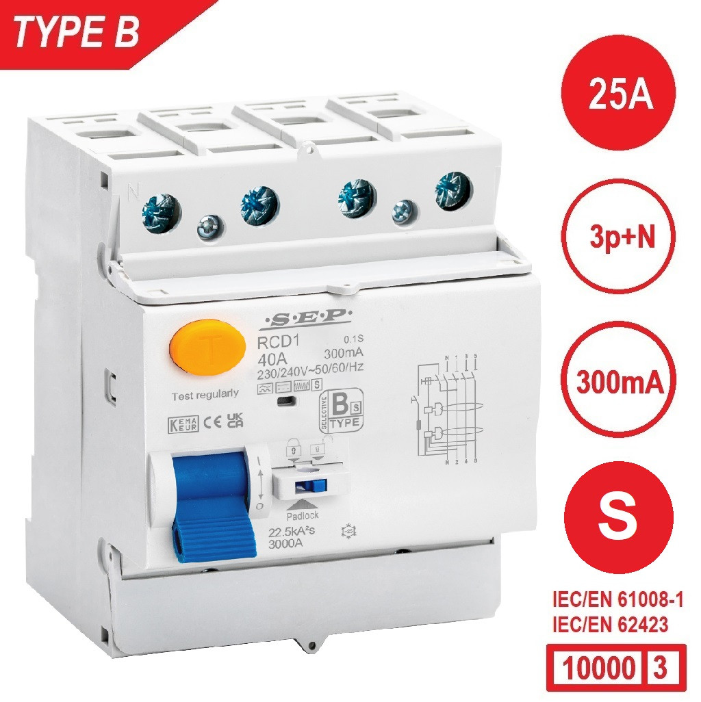 SEP RCD1-4B-02530S, aardlekschakelaar 4p, Type B[S], 10kA, 25A, 300mA