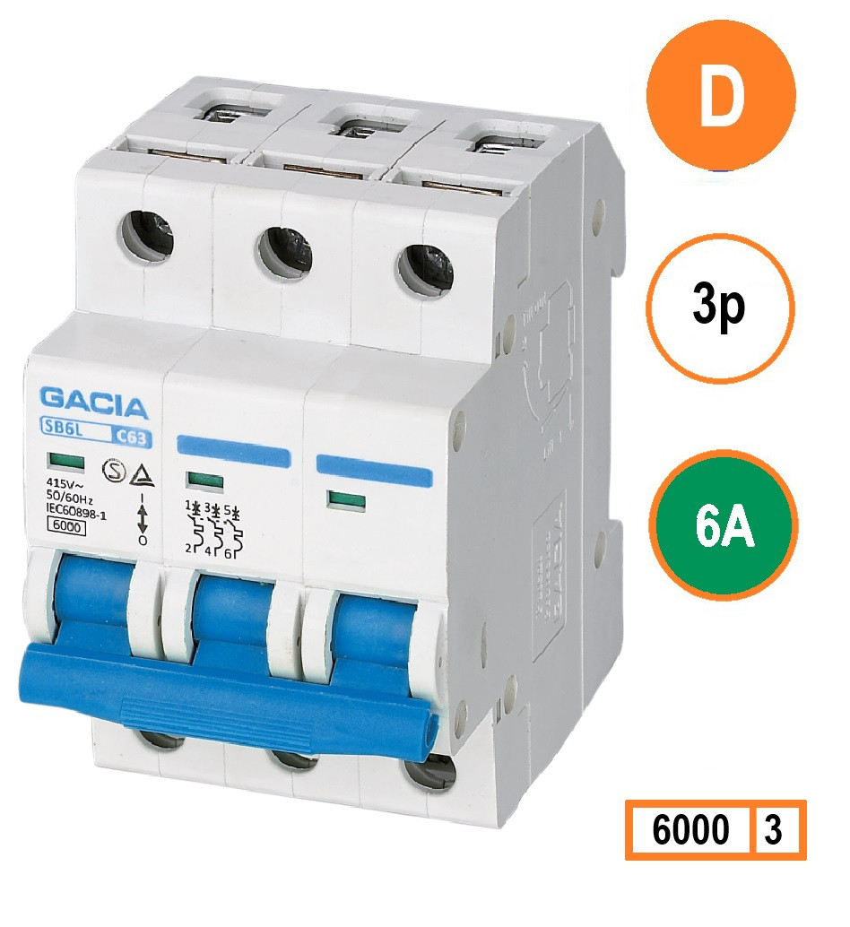 Schotman Elektro - GACIA SB6L installatieautomaat D 3 polig 6A 6kA