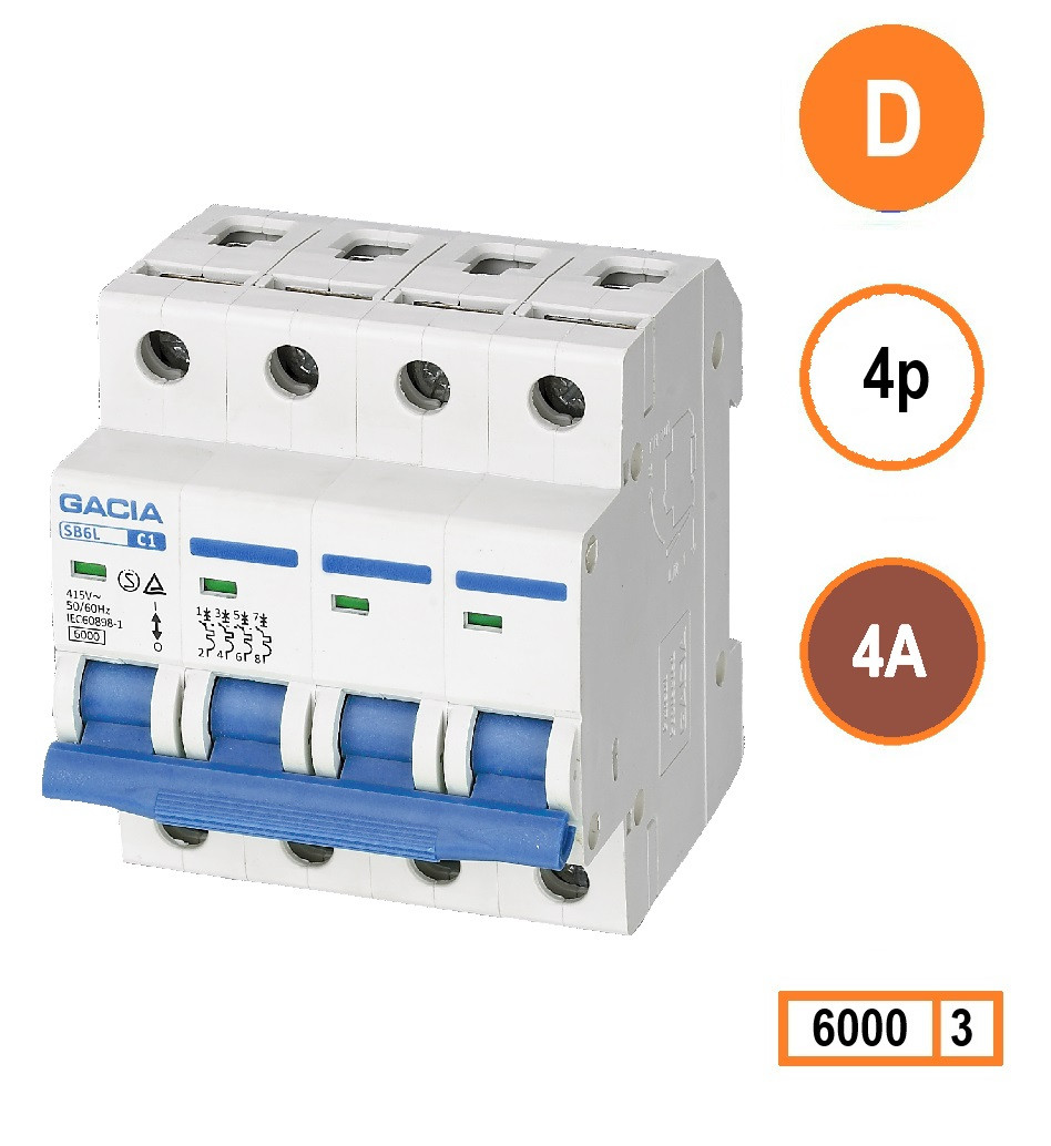 Schotman Elektro - GACIA SB6L installatieautomaat D 4 polig 4A 6kA