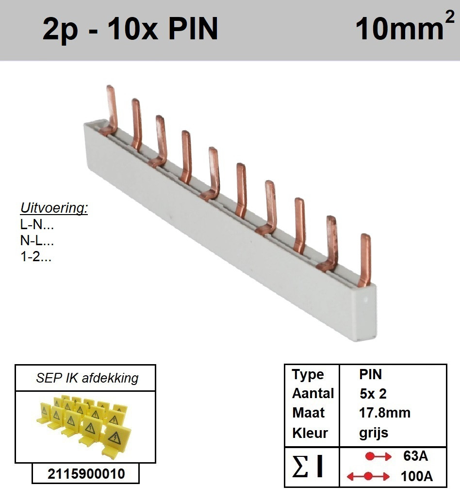 Schotman Elektro - SEP aansluitrail 2 fase PIN 5x2 aansluitingen 17.8mm