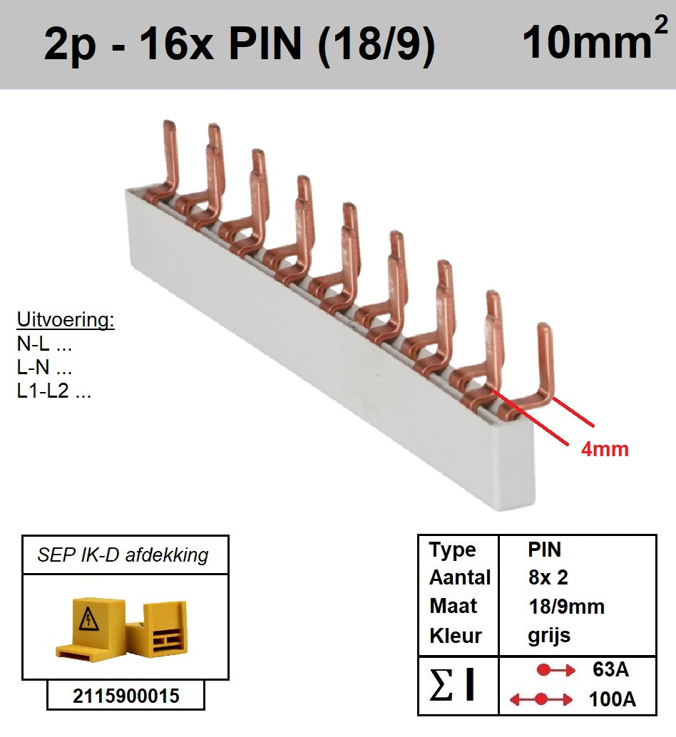 Schotman Elektro - SEP aansluitrail 2fase PIN 8x2 aansluitingen 9/18mm