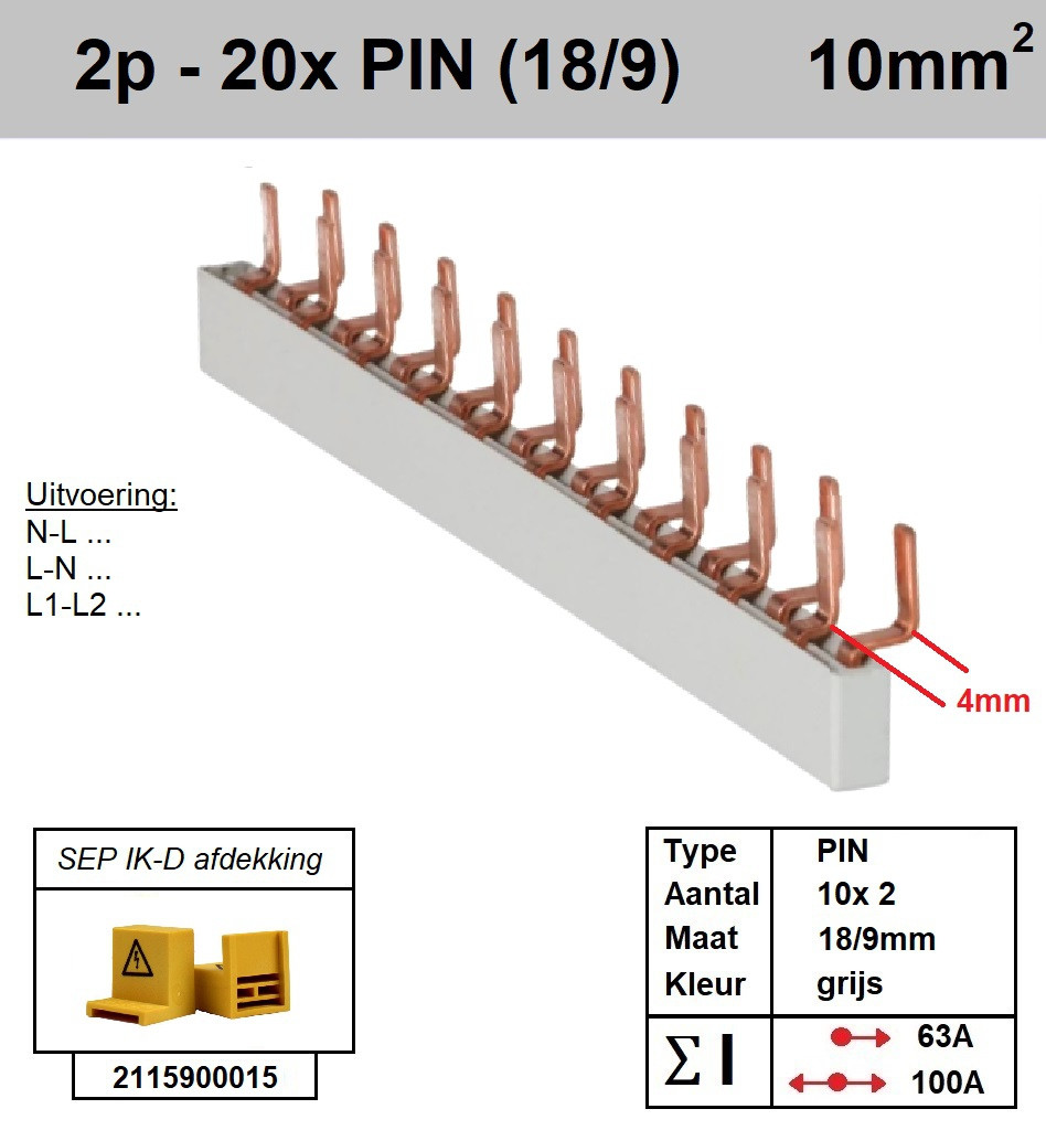 Schotman Elektro - SEP aansluitrail 2fase PIN 10x2 aansluitingen 9/18mm