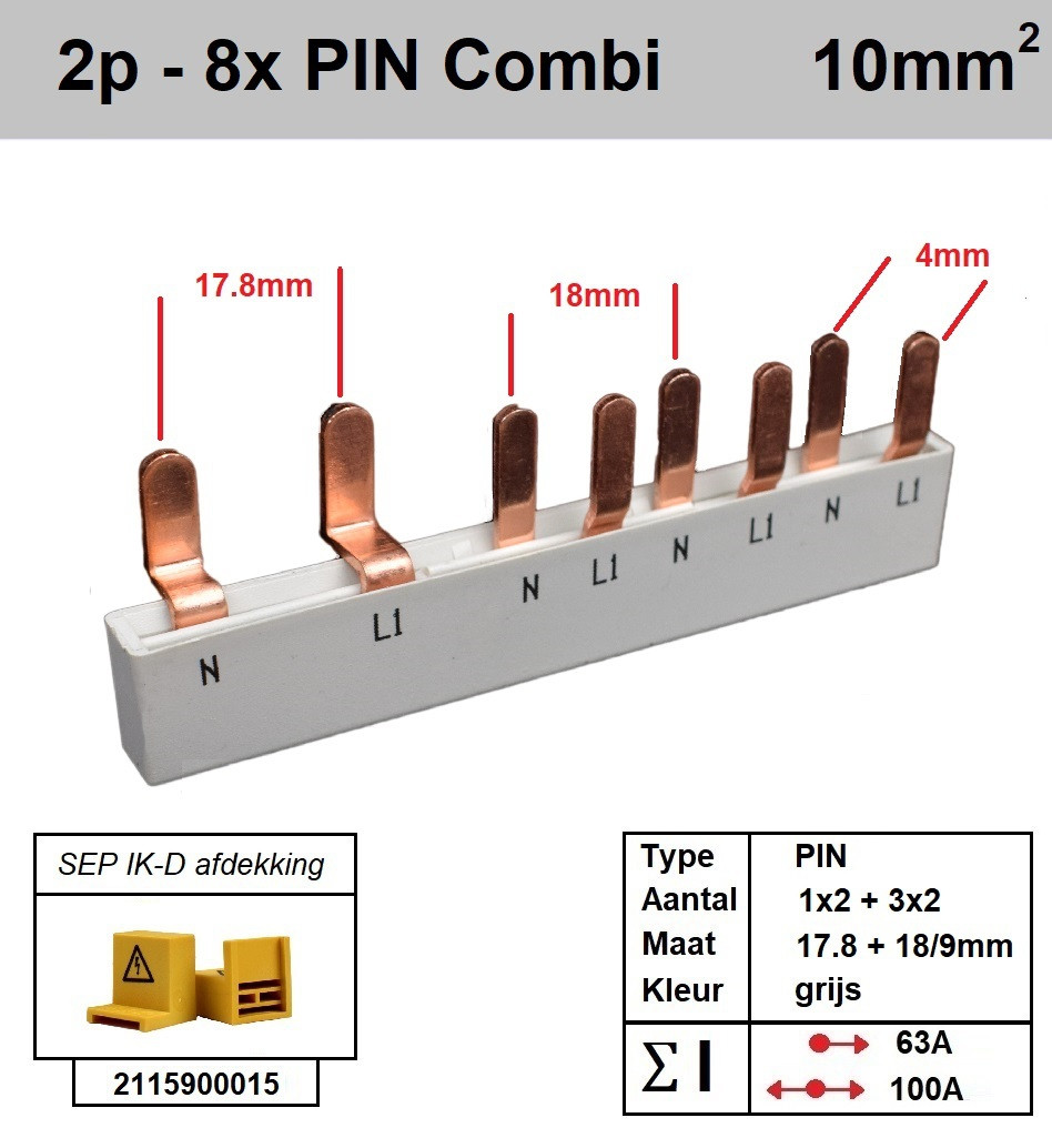 Schotman Elektro - SEP aansluitrail 2fase PIN Combi 1x2 3x2 17.8/9/18mm
