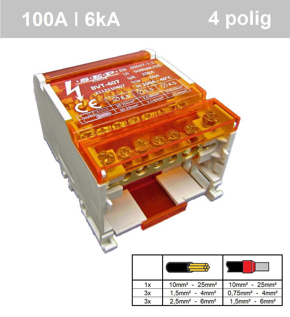 SEP BVT-407 verdeelset 100A 4x 7 aansluitingen 500VAC/DC 