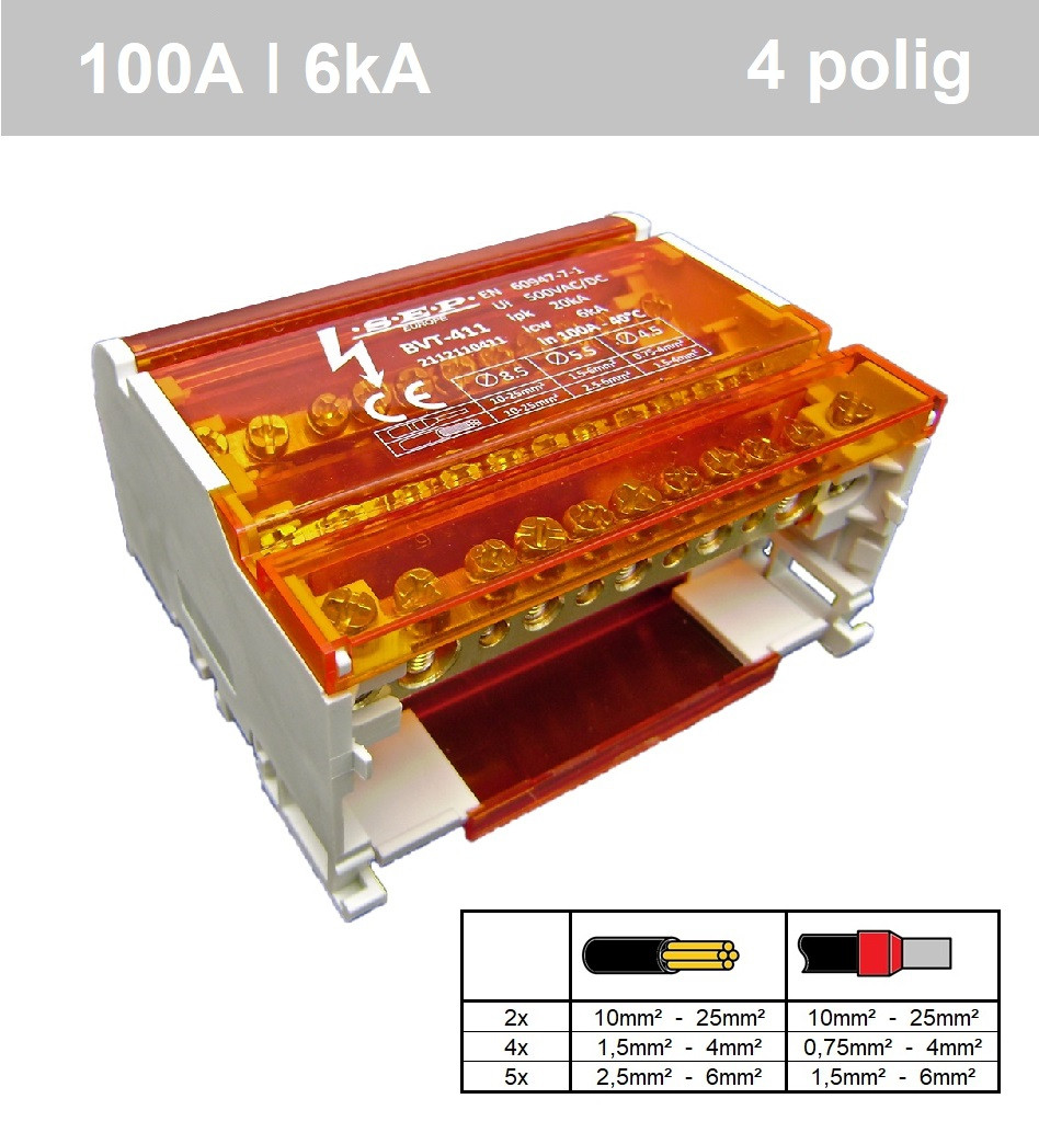 SEP BVT-411 verdeelset 100A 4x11 aansluitingen 500VAC/DC