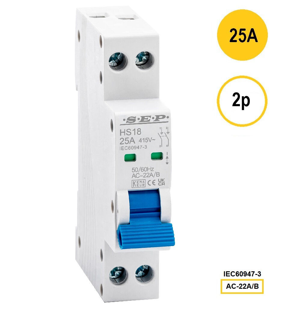 SEP HS18-225, schakelaar, scheider, 2 polig 25A, 18mm, 1 modulen, compact