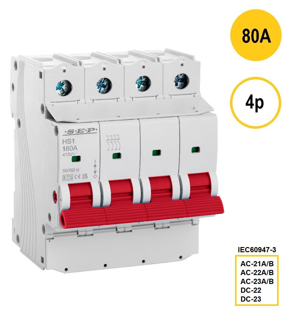 SEP HS1-4080, hoofdschakelaar, 4 polig, 80A, AC-21, AC-22, AC-23, DC
