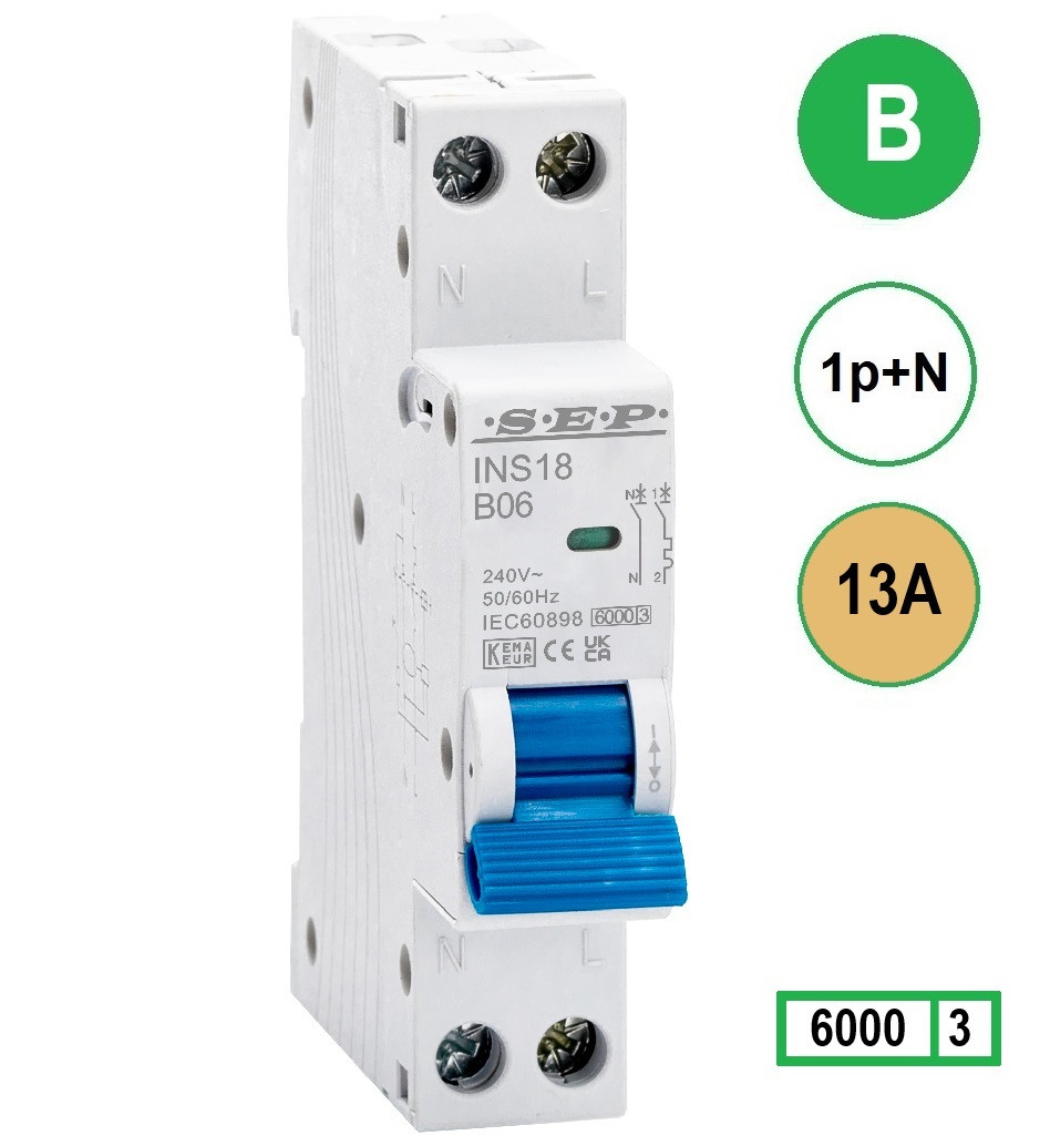 SEP INS18-B13, installatieautomaat 1p+n B13 6kA, 18mm, 1 modulen