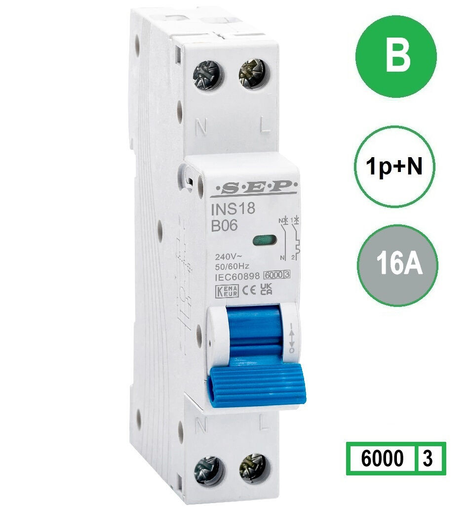 SEP INS18-B16, installatieautomaat 1p+n B16 6kA, 18mm, 1 modulen