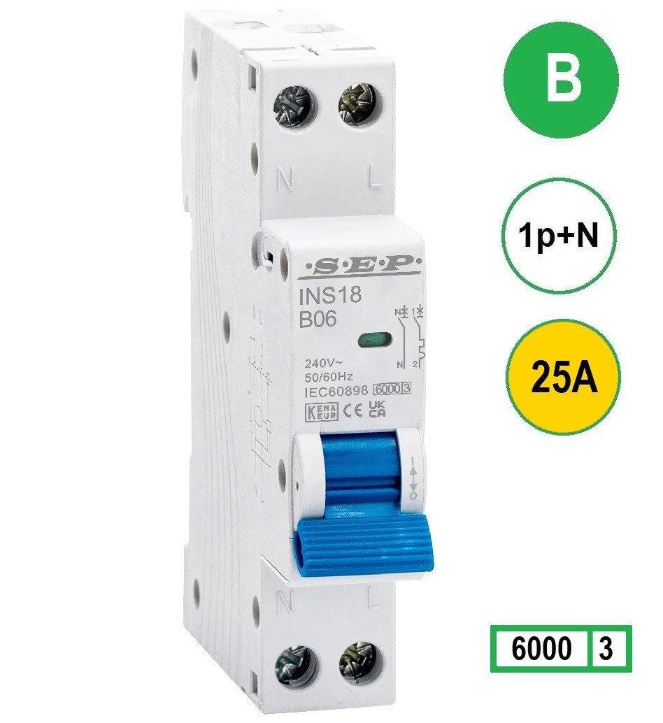 SEP INS18-B25, installatieautomaat 1p+n B25 6kA, 18mm, 1 modulen
