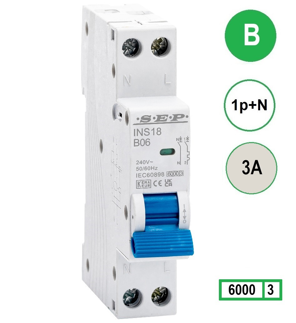 SEP INS18-B03, installatieautomaat 1p+n B3 6kA, 18mm, 1 modulen