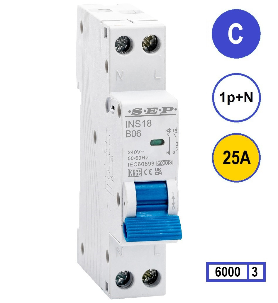 SEP INS18-C25, installatieautomaat 1p+n C25 6kA, 18mm, 1 modulen