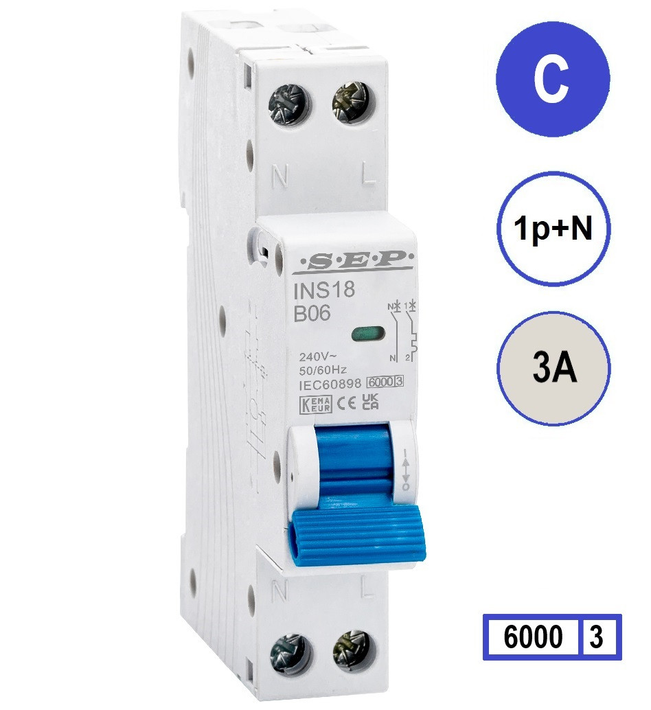 SEP INS18-C03, installatieautomaat 1p+n C3 6kA, 18mm, 1 modulen