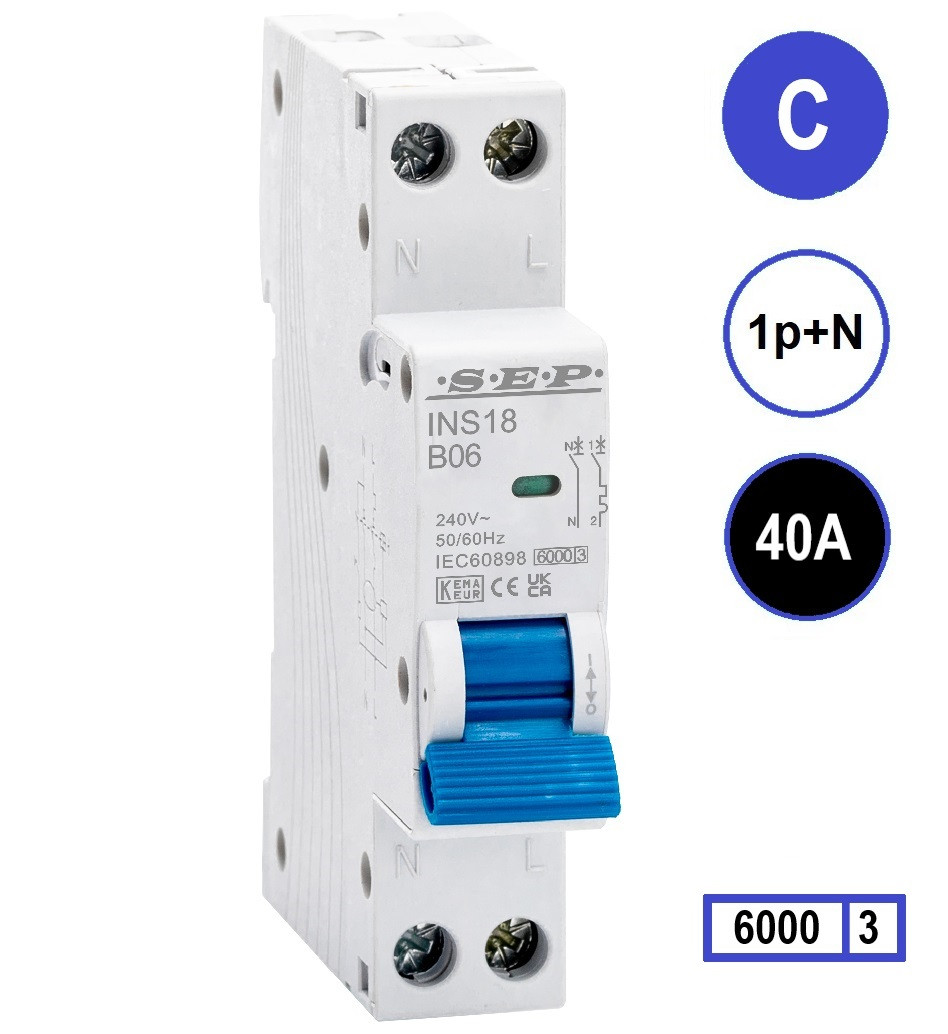 SEP INS18-C40, installatieautomaat 1p+n C40 6kA, 18mm, 1 modulen