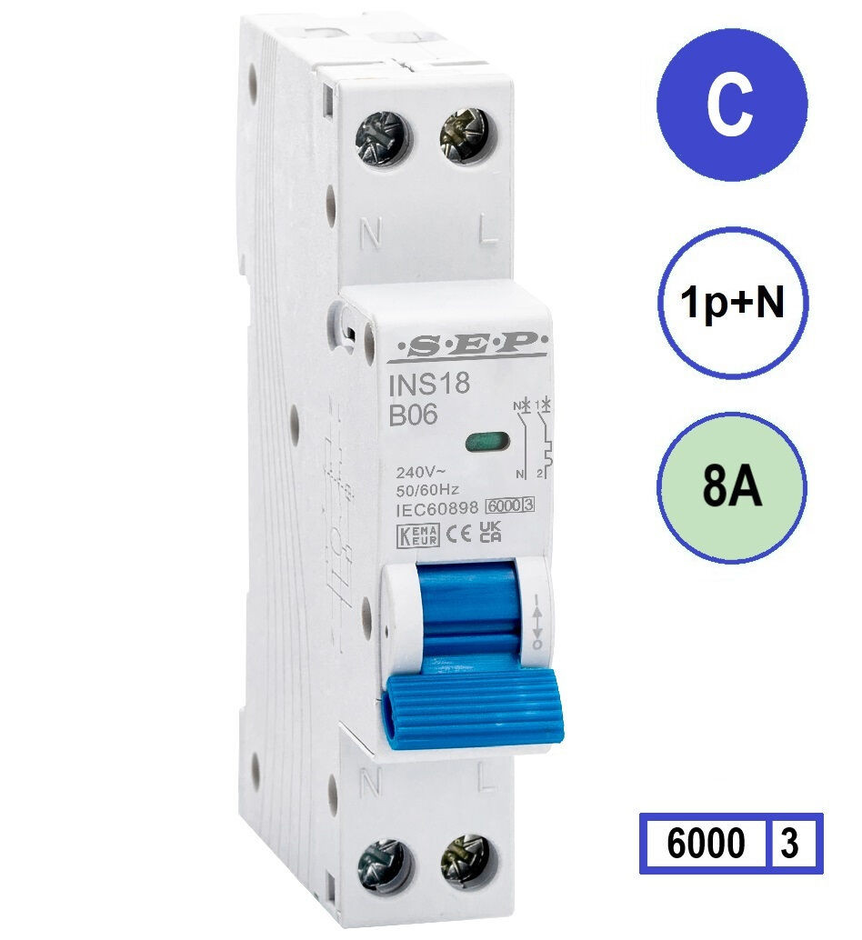 SEP INS18-C08, installatieautomaat 1p+n C8 6kA, 18mm, 1 modulen