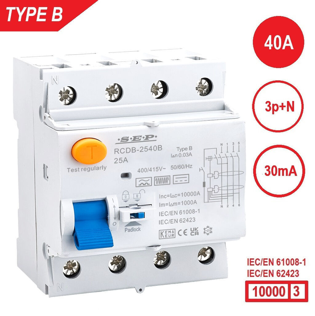 SEP RCDB - Aardlekschakelaar 3p+n, type B, 40A, 30mA, 72mm, 4 modulen