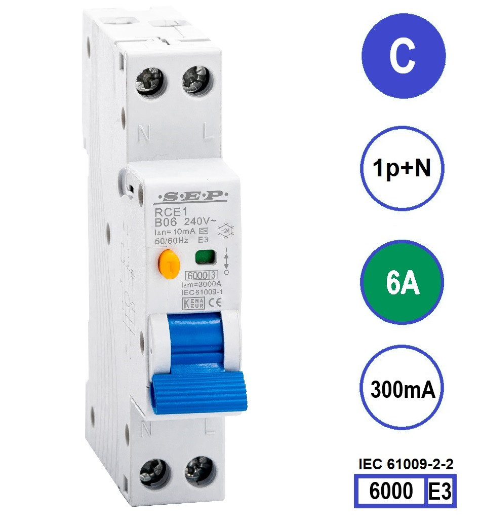 SEP RCE1-C06.30 - aardlekautomaat C6 300mA, 18mm, 1 module