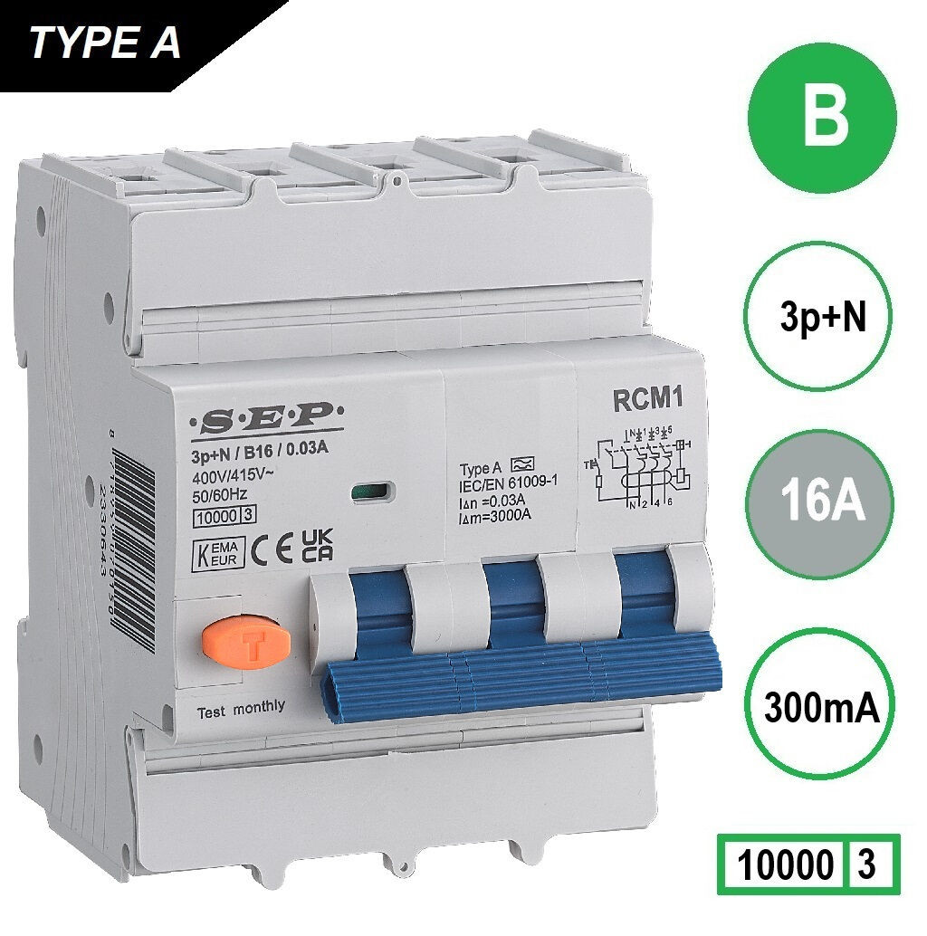 Schotman Elektro B.V. - SEP RCM4 3p+n B 16A 300mA 10kA aardlekautomaat