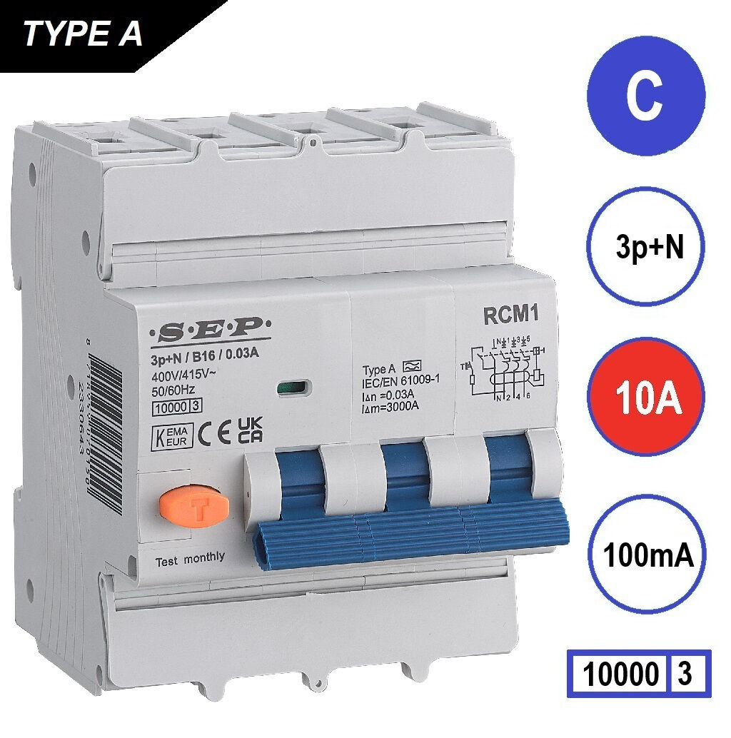 Schotman Elektro B.V. - SEP RCM4 3p+n C 10A 100mA 10kA aardlekautomaat