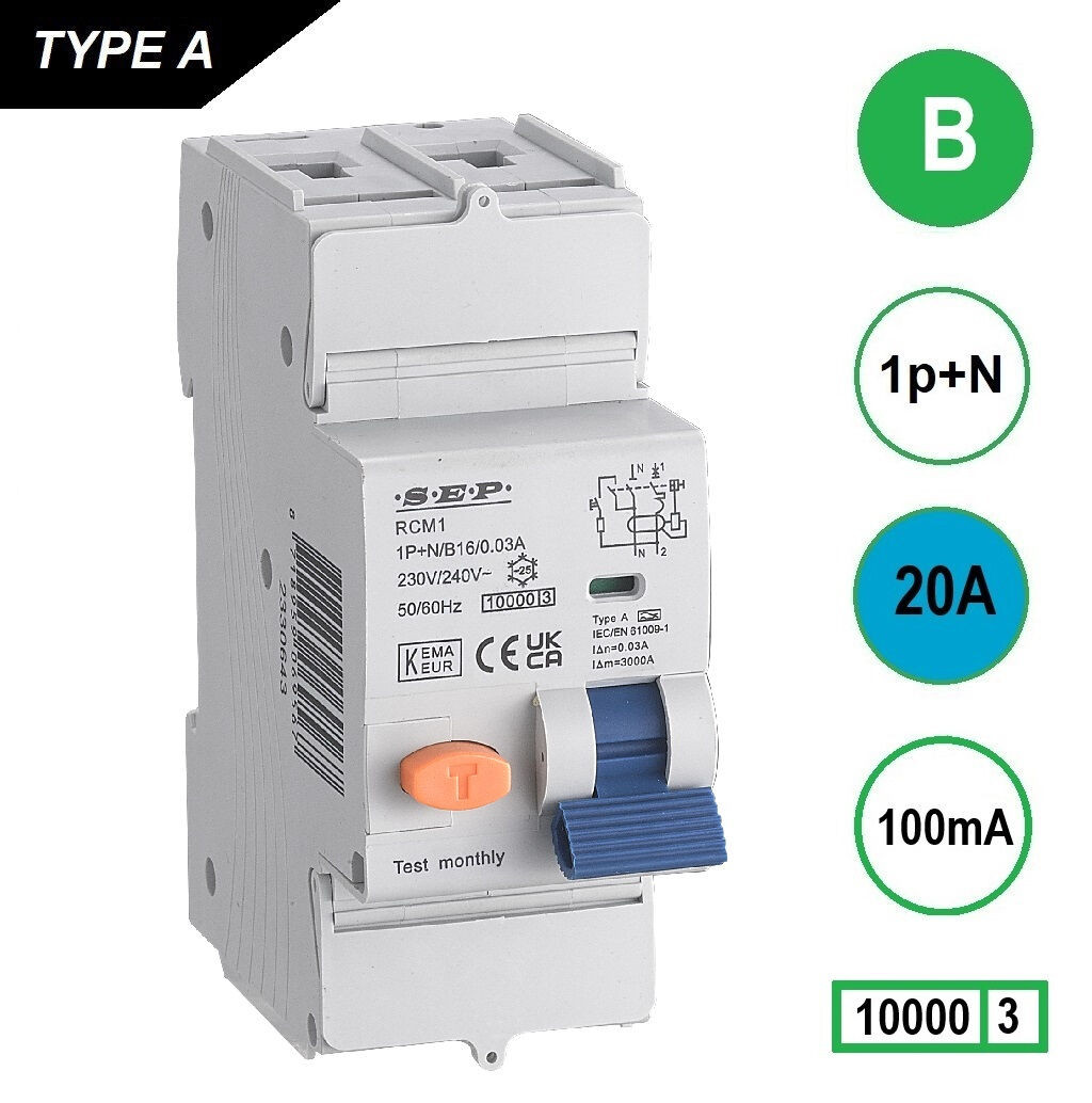 Schotman Elektro B.V. - SEP RCM1 1p+n B 20A 100mA 10kA aardlekautomaat