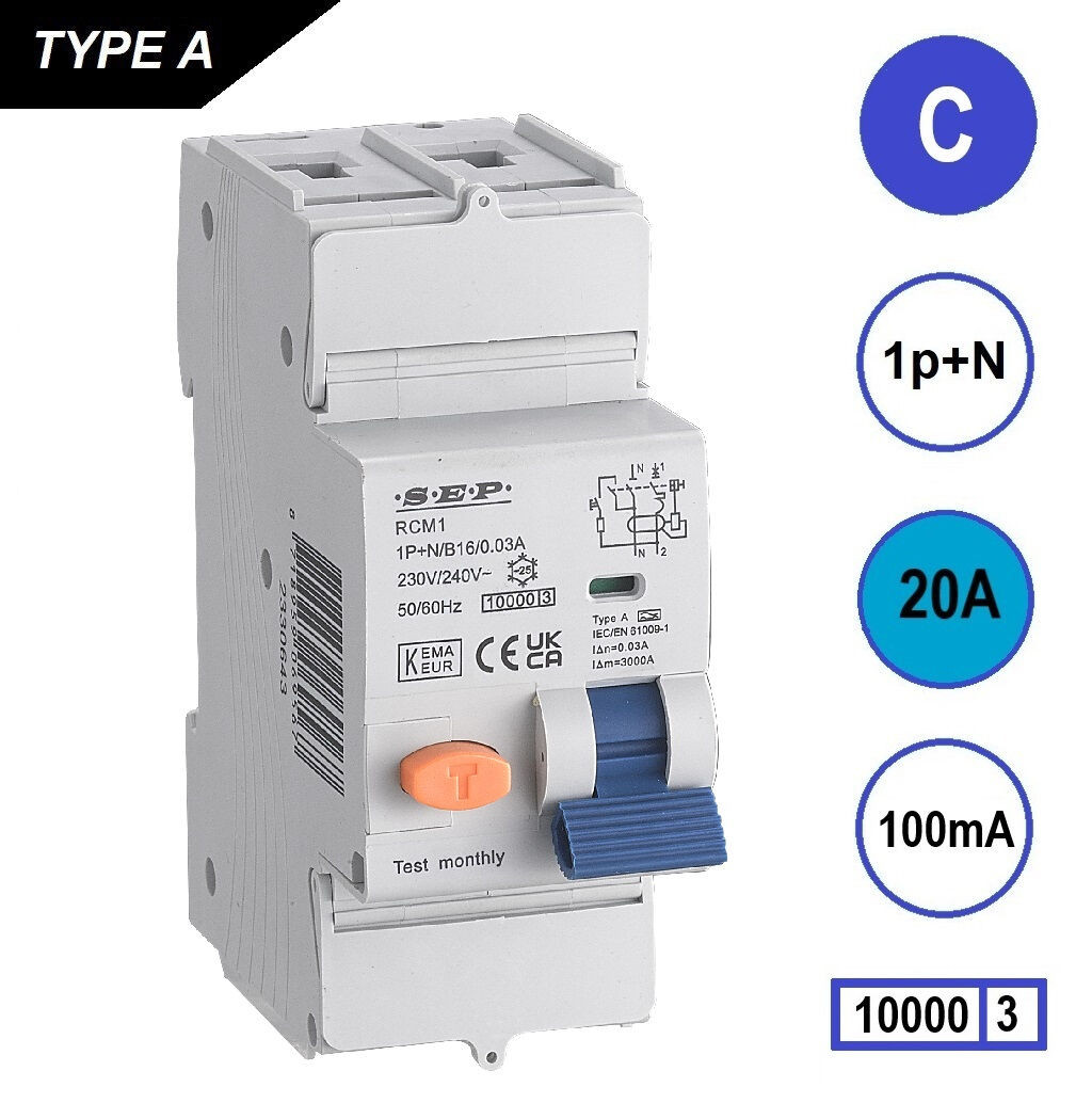 Schotman Elektro B.V. - SEP RCM1 1p+n C 20A 100mA 10kA aardlekautomaat
