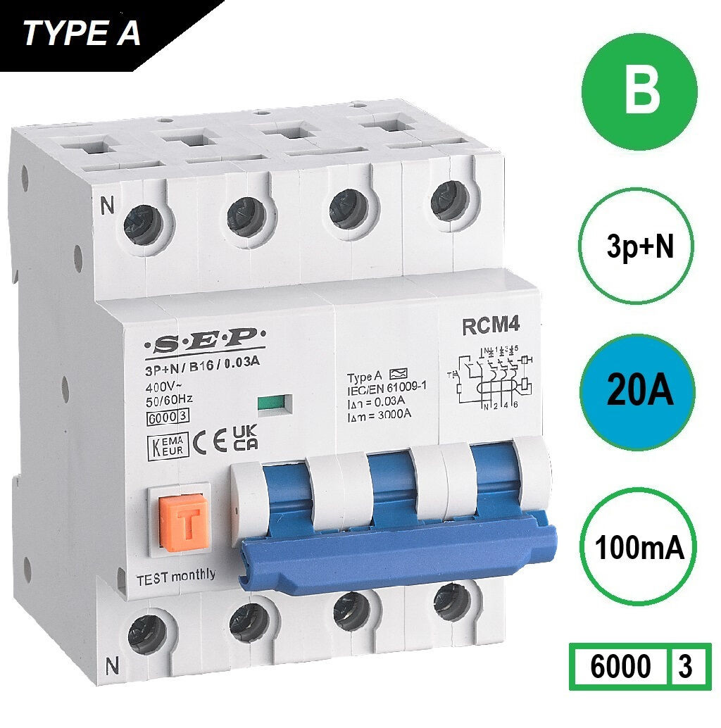 SEP RCM4 Aardlekautom. 3p+n B20 100mA 6kA