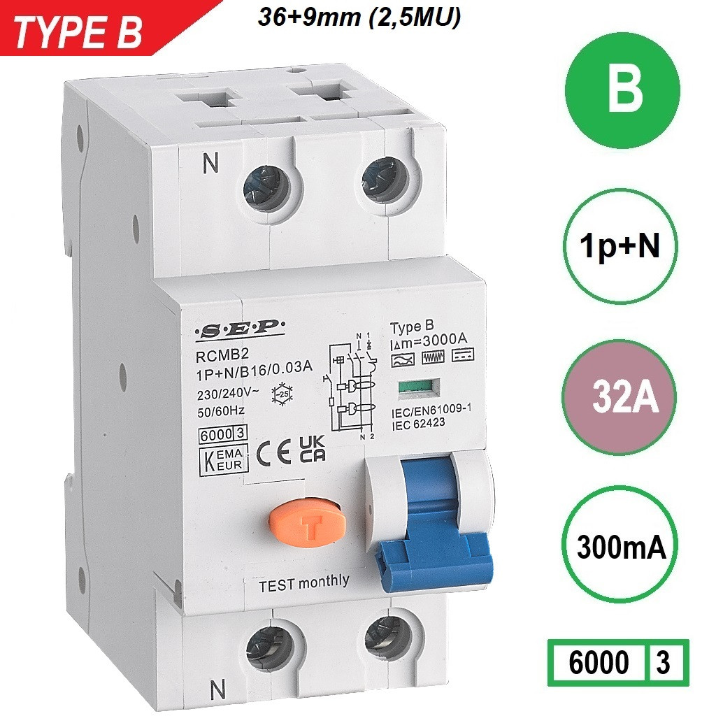 Schotman Elektro B.V. - SEP RCMB type B aardlekautomaat, 1p+n, B, 32A, 300mA, 6kA